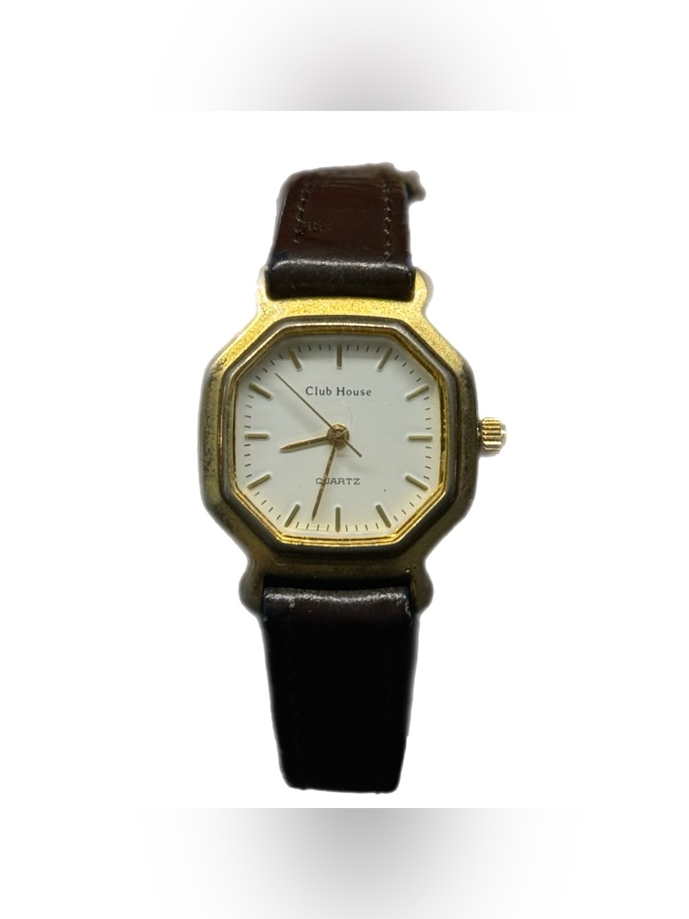 Club House Gold-Tone Octagon Watch with Brown Leather Strap
